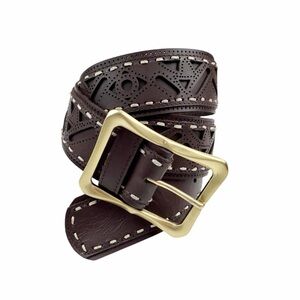 Euro Wellness Brown Leather Belt Perforated Cut Out Design Gold Buckle Size S/M